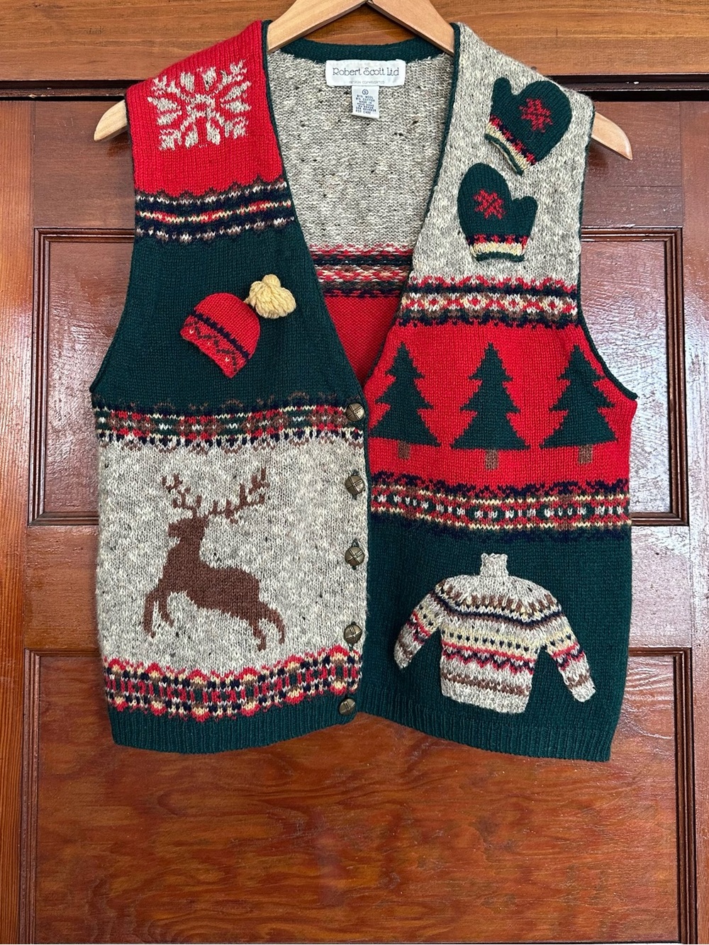 Vintage Novelty V-Neck Wool Knit Patchwork Festive Christmas Sweater Vest Small